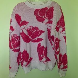 Floral Crew Neck Sweater - Pink and White